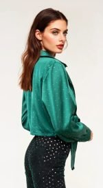 Satin blouse with rhinestone details and knot