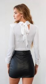 Crepe bodysuit with shoulder pads and bow - Image 2