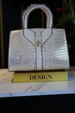 Elegant White & Gold Croc-Embossed Handbag