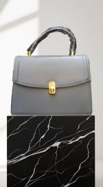 Elegant Structured Handbag – Gray/ sky blue with Gold Accent