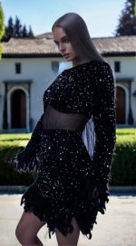 Velvet midi dress with feathers and sequins